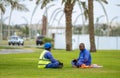 Constraction worker having thier lunch breack at corneach. Doha, Qatar 10-04-2024