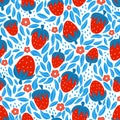 Constrast strwberry seamless pattern with blue and red colors on white background, oranate for kitchen textile