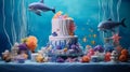 Construct an under-the-sea birthday party with a cake