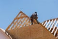 Construct wooden roof rafters, and timber beams from the framework of truss frames for a newly constructed stick house Royalty Free Stock Photo