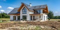 Constructing a Modern Farmhouse with Dormer Concrete and Windows. Concept Modern Farmhouse, Dormer