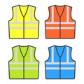 Construction alarm vests of different colors. Set of four vests. Vector illustration on white background. Royalty Free Stock Photo