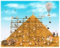 Construction of the ancient Egyptian pyramid. Pharaoh came to inspect the working process. Caricature poster Royalty Free Stock Photo