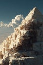 Construction of an ancient pyramid in a desert landscape with workers and scaffolding Royalty Free Stock Photo