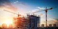 Construction of apartment building cranes above unfinished multistorey panel building , Generative AI