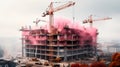 Construction of apartment building cranes above unfinished multistorey panel building , Generative AI