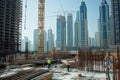 In construction area of high rise apartment building builders is at work Royalty Free Stock Photo