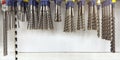 Construction background for banner or advertisement of building tools with copy space. A large set of drills for a Royalty Free Stock Photo