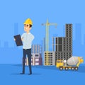 Construction background. builder standing on construction outdoor place. Vector illustration in cartoon style