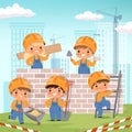 Construction background. Little kids making some work at construction build house vector cartoon background