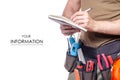 Construction belt on a man with diary notebook a pen tool belt builder pattern