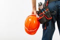 Construction belt on a man with diary notebook a pen tool belt builder pattern isolated on a white background