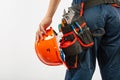 Construction belt on a man with diary notebook a pen tool belt builder pattern on a white background