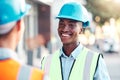 Construction, black man and architect talking, happy and conversation for collaboration project. Engineer, business and Royalty Free Stock Photo