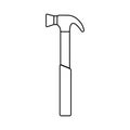 Construction black and white icon of a manual metal hammer with a wooden handle intended for building and carpentry work