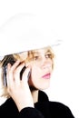 Construction blonde woman on the phone Royalty Free Stock Photo