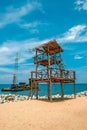 Construction at blue sea and a hydraulic suction dredger ship in Terengganu, Malaysia