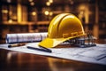 Construction blueprints, drawing tools, and a yellow helmet symbolize planning Royalty Free Stock Photo