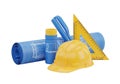 Construction blueprints, hard hat, and tools for building planning Royalty Free Stock Photo