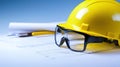 Construction blueprints and safety gear, essential tools for building projects construction Royalty Free Stock Photo
