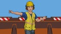 cartoon worker man boss at work yellow bib and hard hat construction site vector illustration Royalty Free Stock Photo