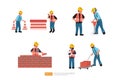 Construction Builder Character Set. installs fencing warning cones on road, worker drills road surface with jackhammer, Building