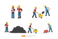 Construction Builder Character Set. supervisor Checking Plan and Looking at Site, worker with Shovel and Wheelbarrow Carrying Coal