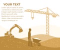 Construction, building and constructing, banner with your text. Tower crane, excavator and builder with a wheelbarrow, vector desi