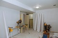 Construction building industry new home construction interior drywall tape. Building construction gypsum plaster walls Royalty Free Stock Photo