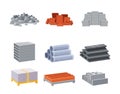 Construction And Building Materials Isolated Icons. Concrete Blocks, Pile Of Stones And Rocks, Red And Grey Bricks
