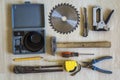 Construction, building and repair tools set for house work on wooden background. Top view. Royalty Free Stock Photo