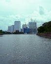 Construction of buildings on the banks of Sumida River