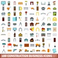 100 construction business icons set, flat style