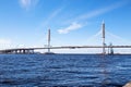 Construction of Cable-stayed bridge over Petrovsky waterway across river Neva in St. Petersburg Royalty Free Stock Photo