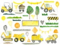 Construction clipart trucks, road signs, balloons, ribbons, trees children's collection for birthday party decoration