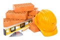 Construction concept. Bricks with masonry trowel, hard hat and s Royalty Free Stock Photo