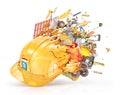 . Building materials fly out from the broken helmet isolation on a white. 3d illustration Royalty Free Stock Photo
