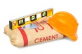 Construction concept. Cement sack with masonry trowel and spirit