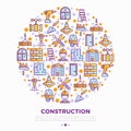 Construction concept in circle with thin line icons: builder in helmet, work tools, brickwork, floor plan, plumbing, drill, trowel Royalty Free Stock Photo