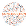 Construction concept in circle with thin line icons: builder in helmet, work tools, brickwork, floor plan, plumbing, drill, trowel Royalty Free Stock Photo