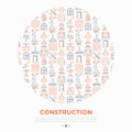 Construction concept in circle with thin line icons: builder in helmet, work tools, brickwork, floor plan, plumbing, drill, trowel Royalty Free Stock Photo