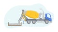 Construction Concept. Concrete Mixer Driver At Work. Worker Controls Concreting Process. Construction Machinery Operator