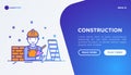 Construction concept with thin line icons: builder in helmet, brickwork, trowel, stepladder. Vector illustration, web page