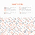 Construction concept with thin line icons: builder in helmet, work tools, brickwork, floor plan, plumbing, drill, trowel, traffic Royalty Free Stock Photo