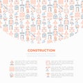 Construction concept with thin line icons: builder in helmet, work tools, brickwork, floor plan, plumbing, drill, trowel, traffic Royalty Free Stock Photo