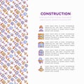 Construction concept with thin line icons: builder in helmet, work tools, brickwork, floor plan, plumbing, drill, trowel, traffic Royalty Free Stock Photo