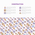 Construction concept with thin line icons: builder in helmet, work tools, brickwork, floor plan, plumbing, drill, trowel, traffic Royalty Free Stock Photo