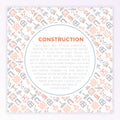 Construction concept with thin line icons: builder in helmet, work tools, brickwork, floor plan, plumbing, trowel, traffic cone, Royalty Free Stock Photo
