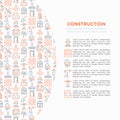 Construction concept with thin line icons: builder in helmet, work tools, brickwork, floor plan, plumbing, trowel, traffic cone,