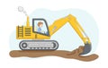 Construction Concept. Construction Truck With Driver. Excavator Digs Sand Or Ground. Construction Machinery Operator